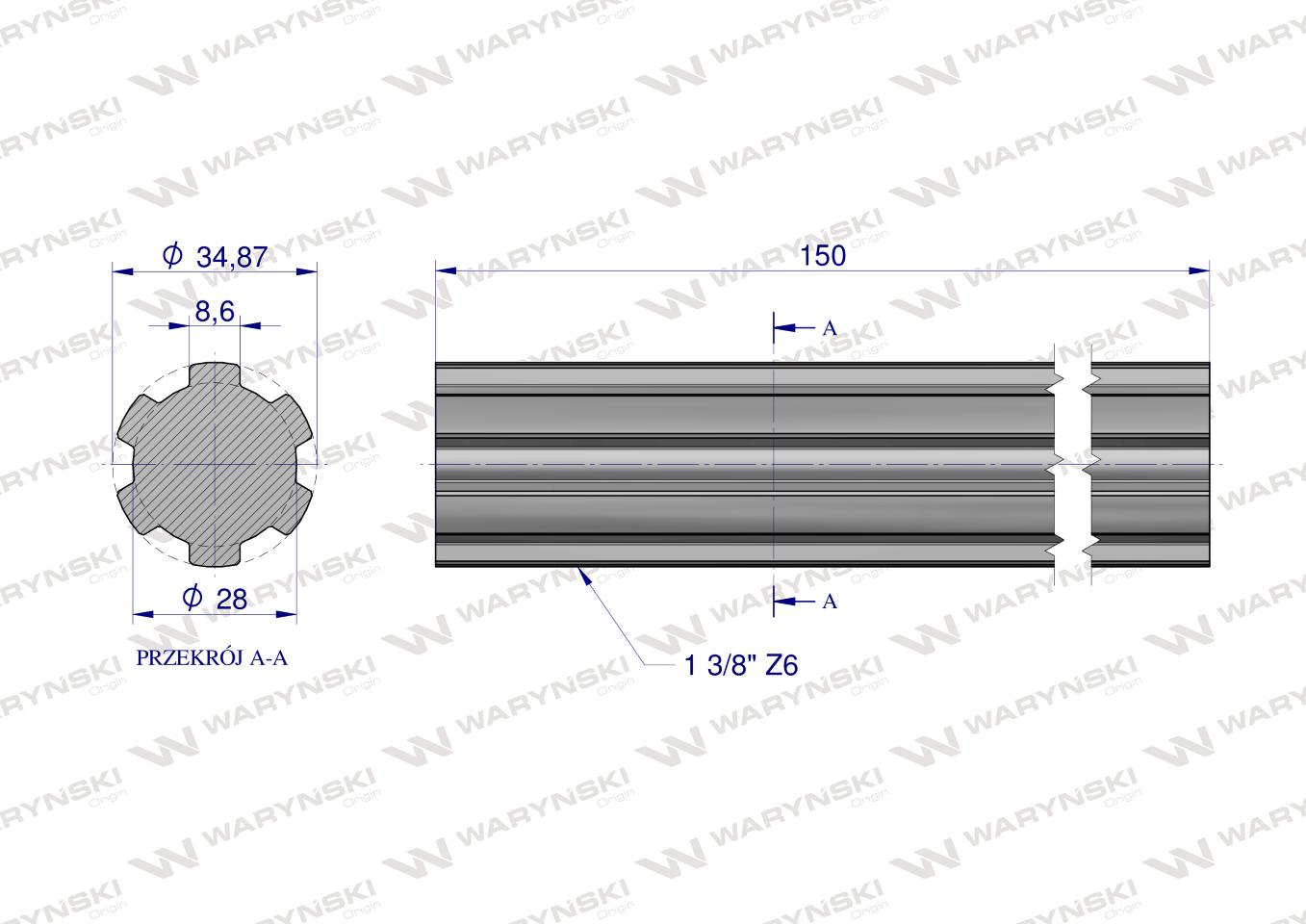 Wałek, WOM frezowany całościowo 150mm Z6 - 1 3/8, Waryński
