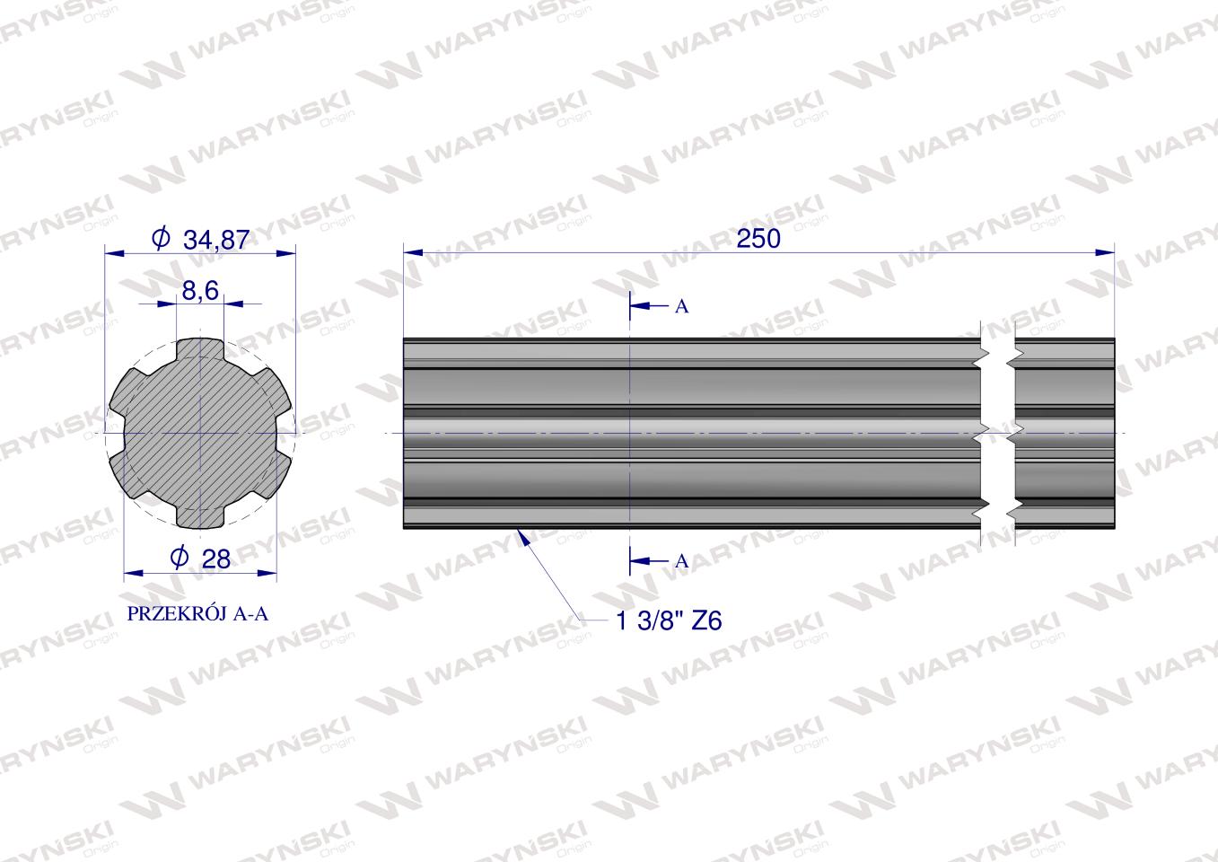Wałek, WOM frezowany całościowo 250mm Z6 - 1 3/8, Waryński