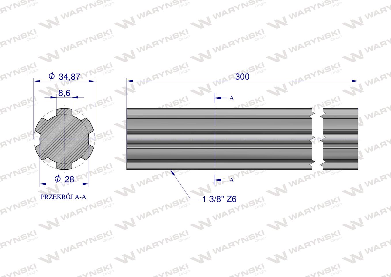 Wałek, WOM frezowany całościowo 300mm Z6 - 1 3/8, Waryński