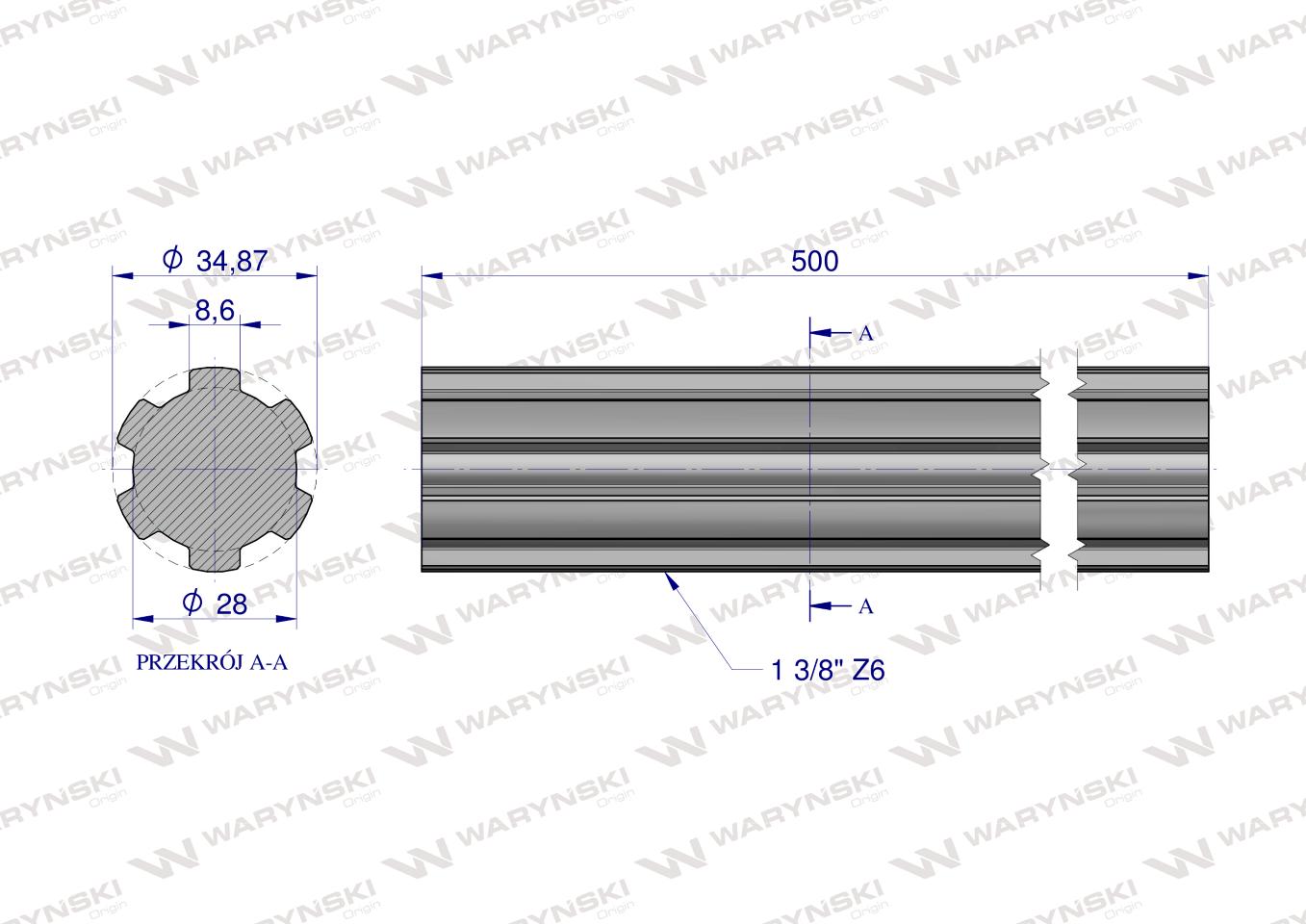 Wałek, WOM frezowany całościowo 500mm Z6 - 1 3/8, Waryński