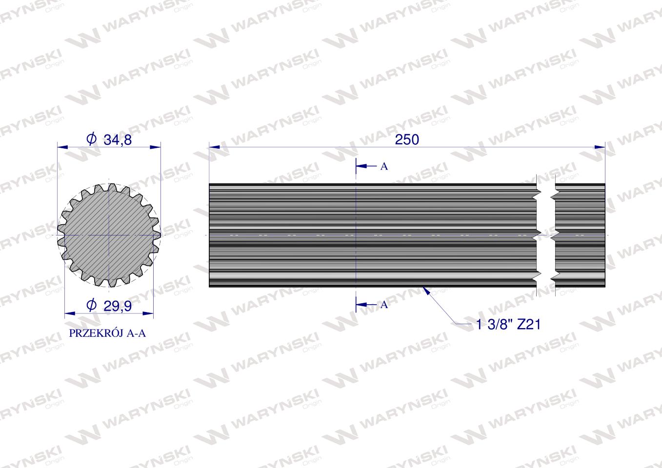 Wałek, WOM frezowany całościowo 250mm Z21 - 1 3/8, Waryński