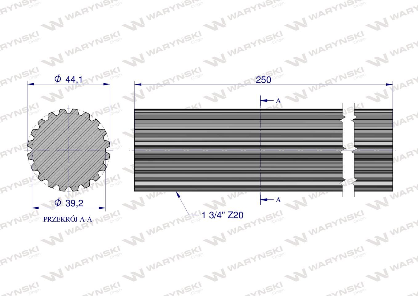 Wałek, WOM frezowany całościowo 250mm Z20 - 1 3/4, Waryński