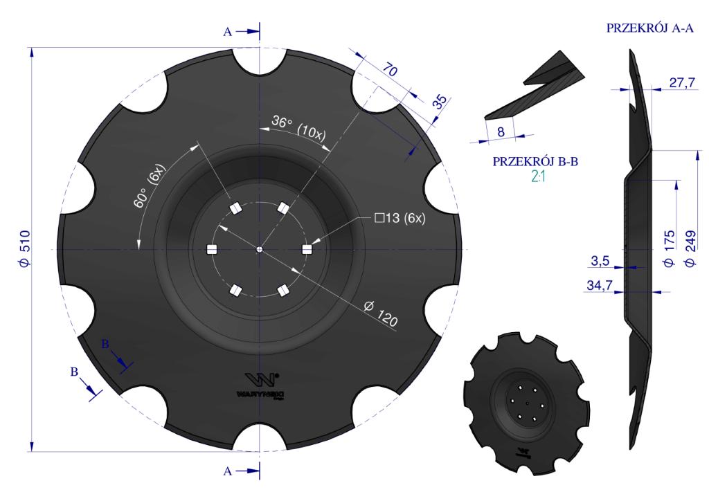Talerz uzębiony Z-10 fi 510 mocowanie 6/120 grubość 3.5 mm przetłoczony stal borowa WARYŃSKI R