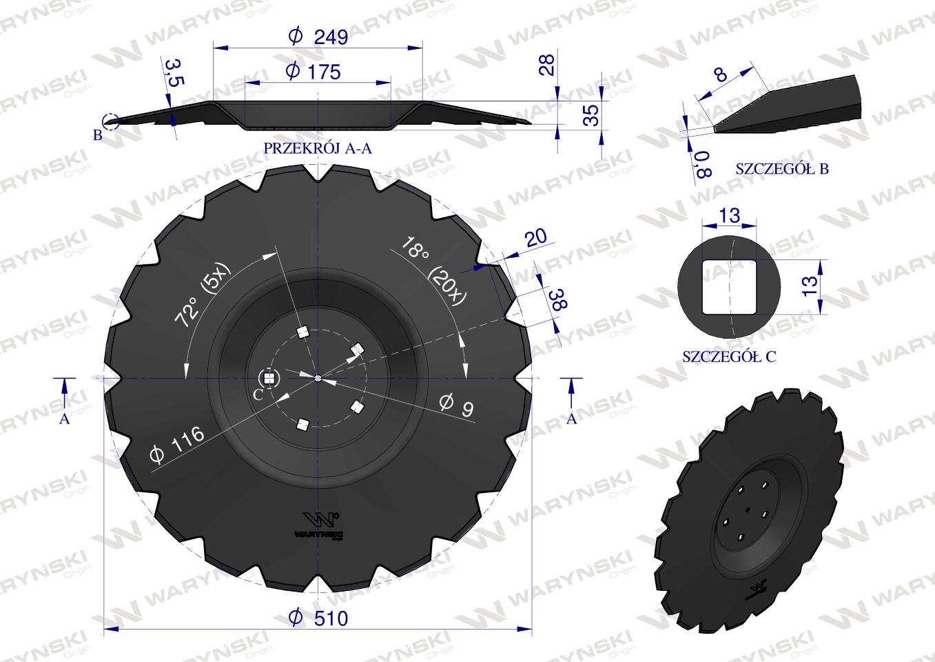 Talerz uzębiony Z-20 fi 510 mocowanie 5/116 przetłoczony grubość 4 mm stal borowa WARYŃSKI R zastosowanie AU/362-510/ 5