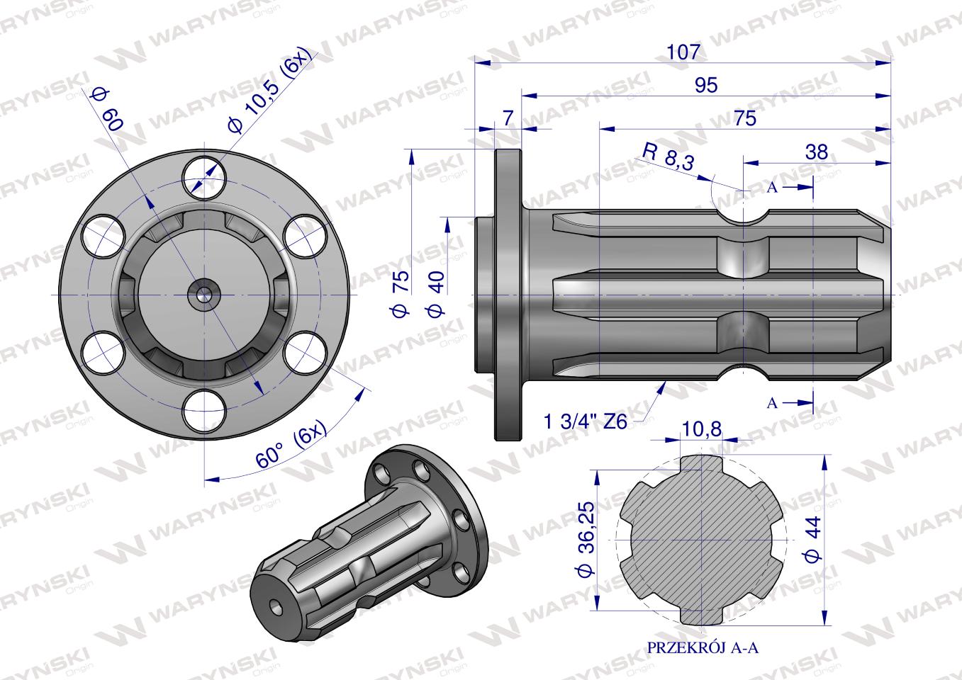 Wałek, WOM z kołnierzem na 6 otworów adapter Z6 - 1 3/4, Waryński