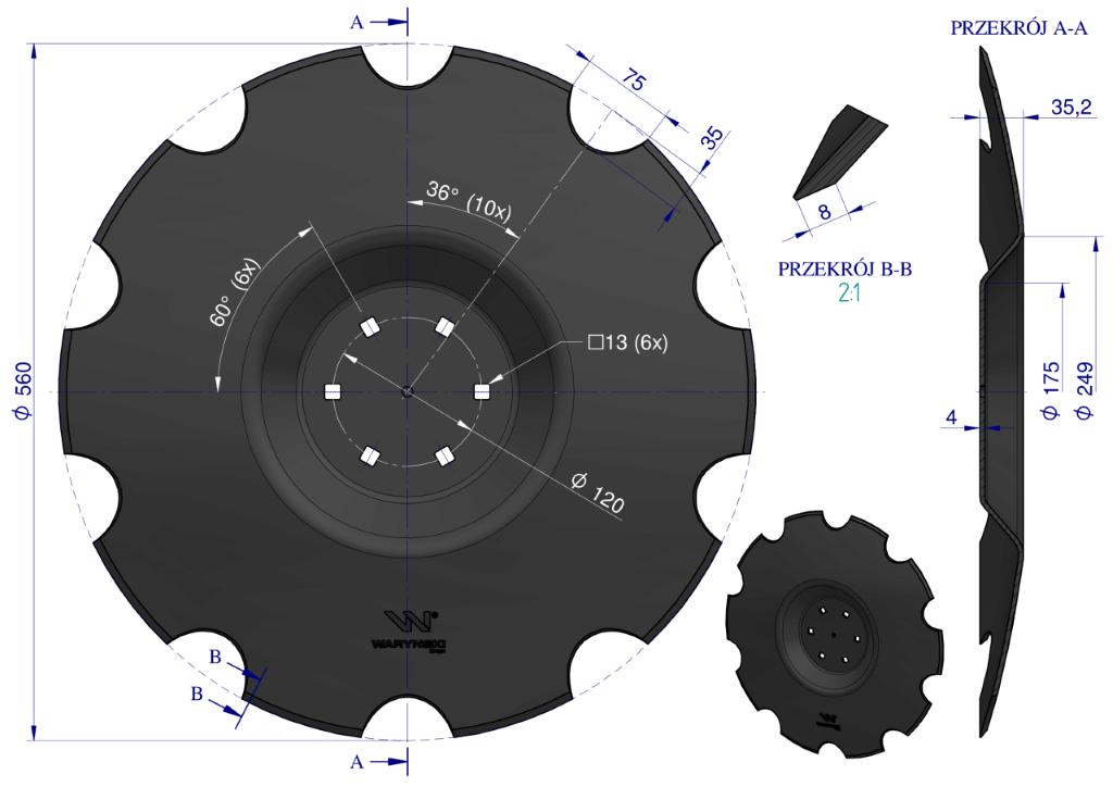 Talerz uzębiony Z-10 fi 560 mocowanie 6/120 grubość 4 mm przetłoczony stal borowa WARYŃSKI R
