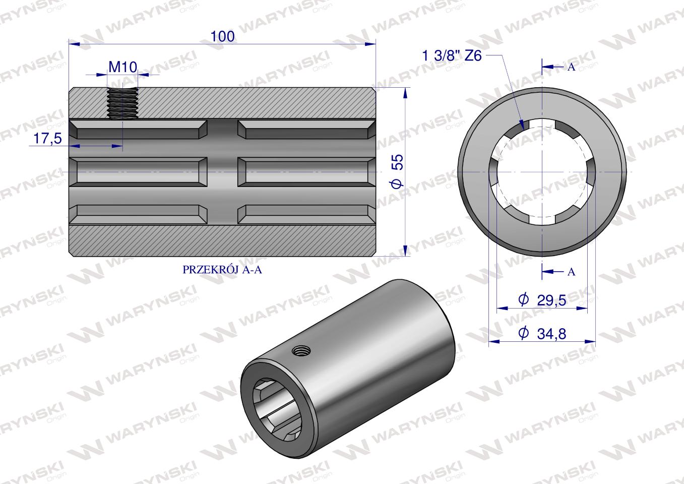 Tuleja, WOM łącząca frezowana 100mm Z6 - 1 3/8, Waryński