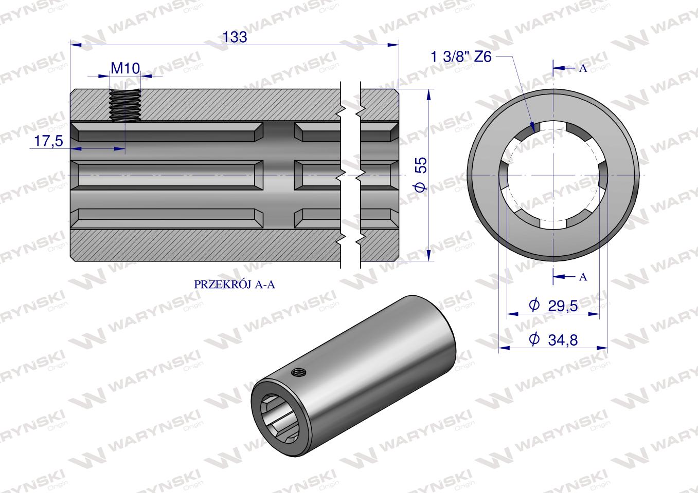 Tuleja, WOM łącząca frezowana 133mm Z6 - 1 3/8, Waryński