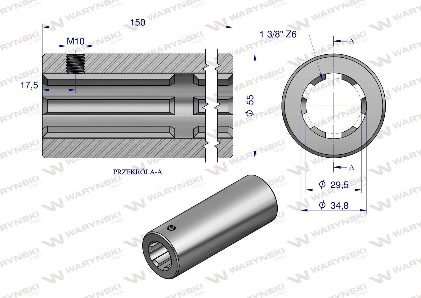 Tuleja, WOM łącząca frezowana 150mm Z6 - 1 3/8, Waryński