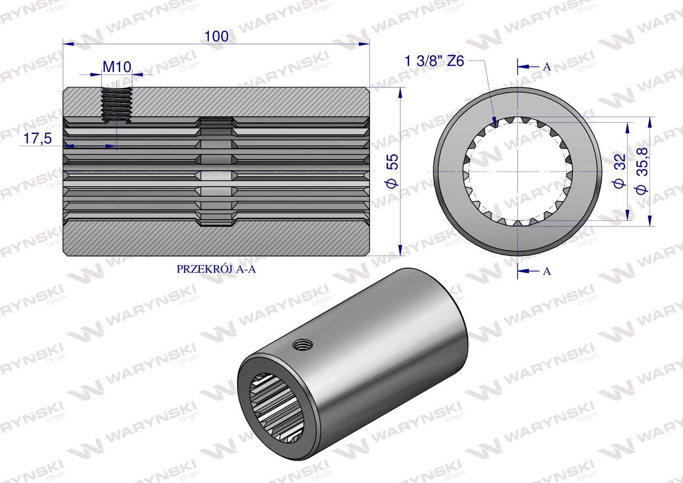 Tuleja, WOM łącząca frezowana 100mm Z21 - 1 3/8, Waryński