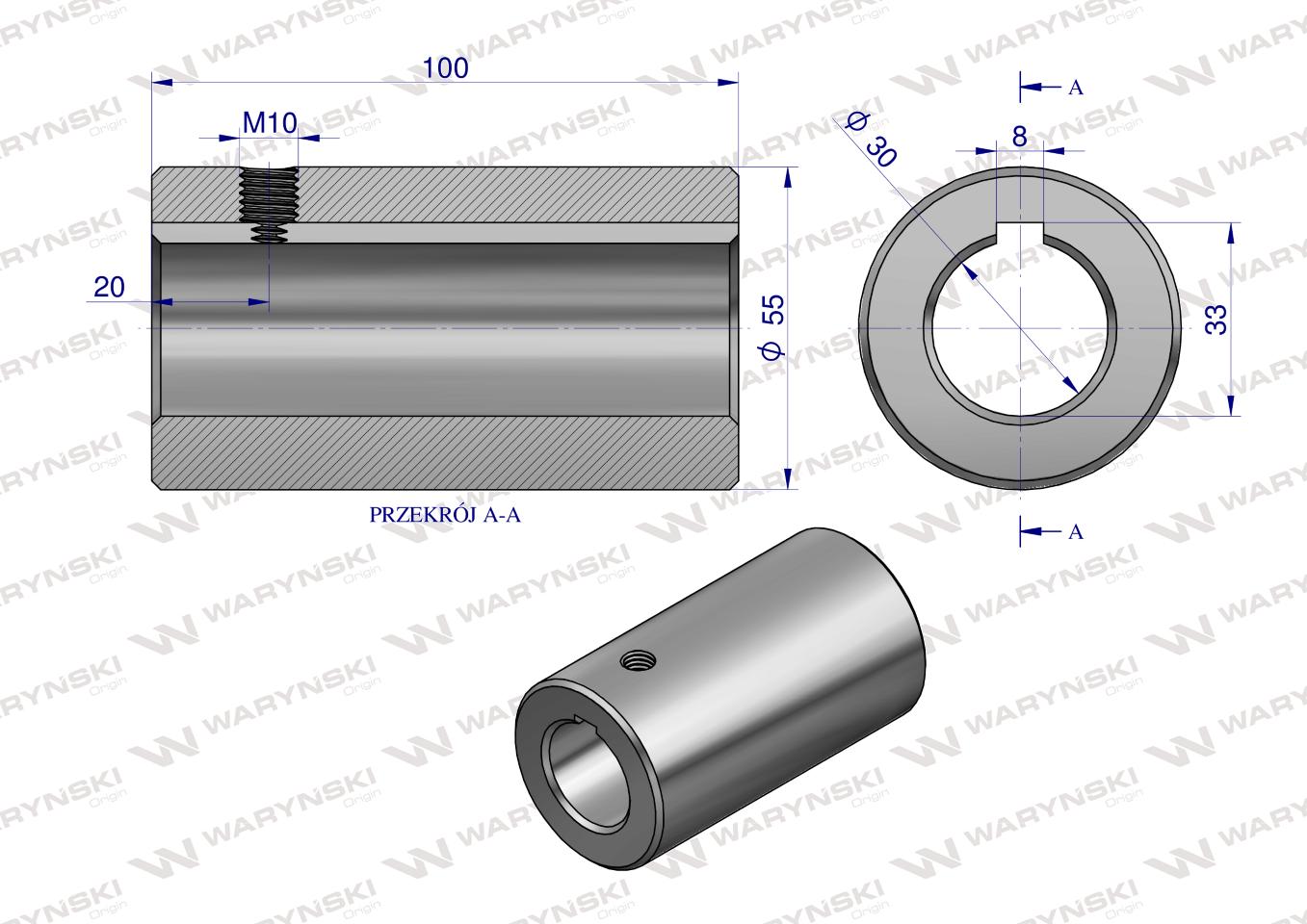 Tuleja, łącząca otwór fi 30mm z rowkiem na wpust 8mm 100mm, Waryński