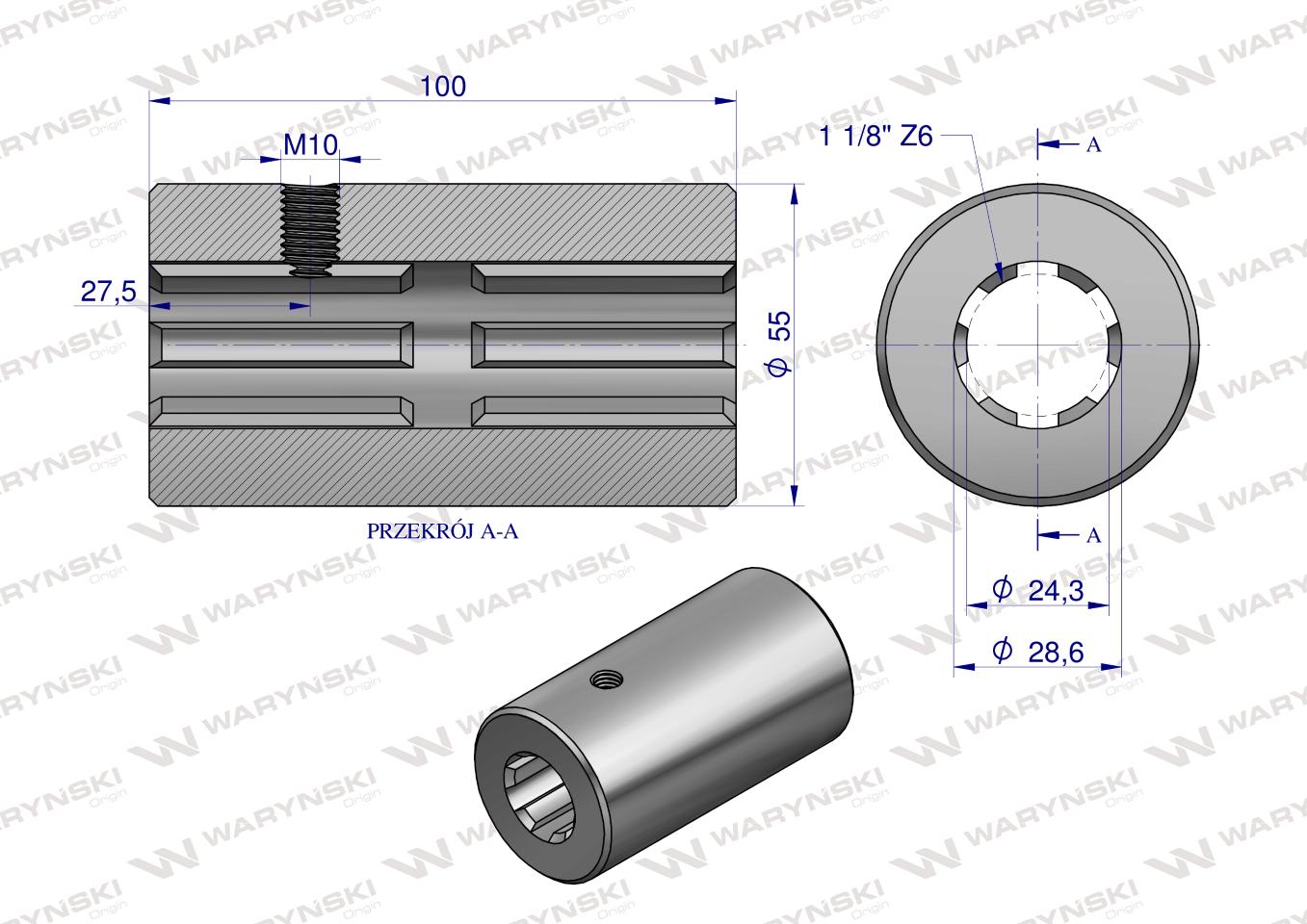 Tuleja, WOM łącząca frezowana 100mm Z6 - 1 1/8, Waryński