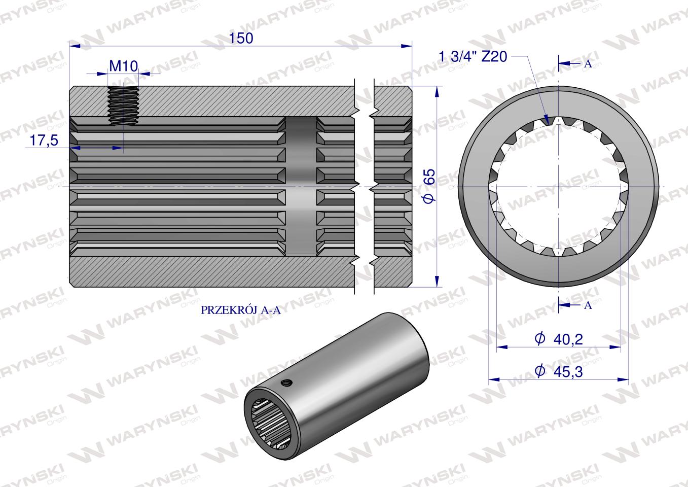 Tuleja, WOM łącząca frezowana 150mm Z20 - 1 3/4, Waryński