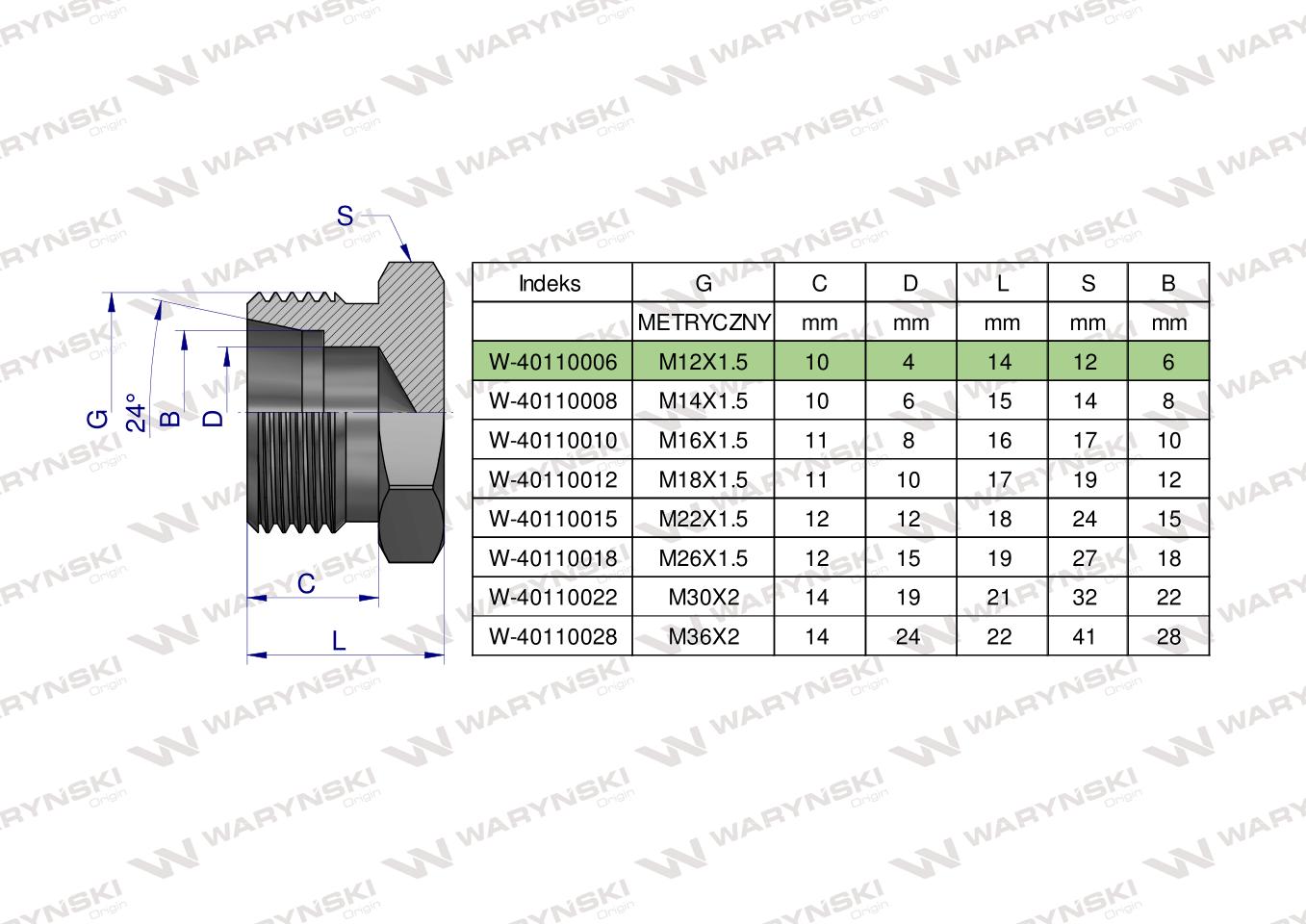 Korek hydrauliczny metryczny (na klucz) M12x1.5 06L Waryński ( sprzedawane po 10 )