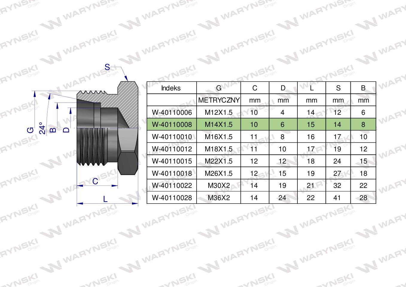 Korek hydrauliczny metryczny (na klucz) M14x1.5 08L Waryński ( sprzedawane po 10 )