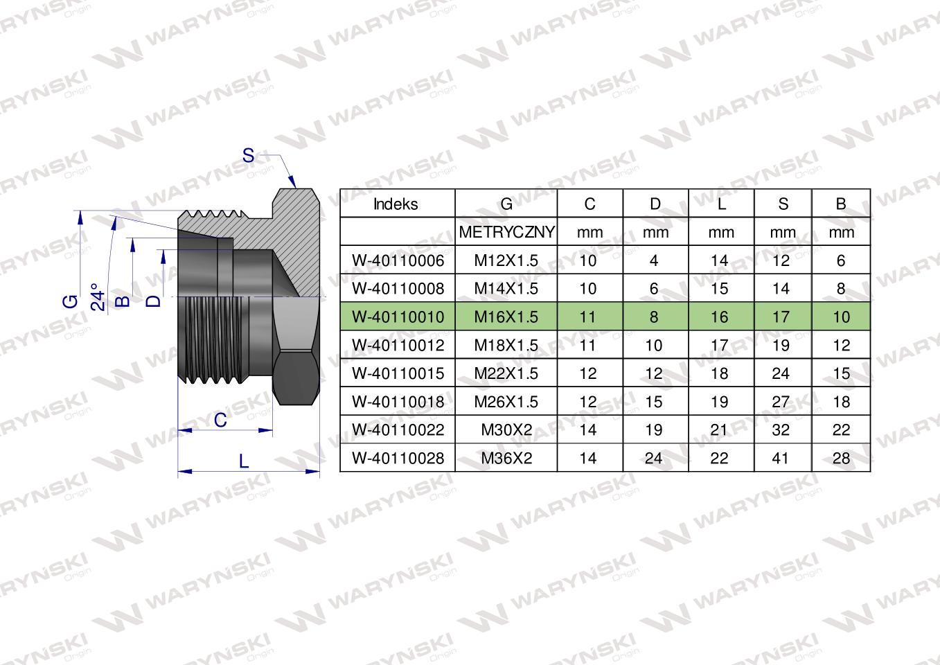 Korek hydrauliczny metryczny (na klucz) M16x1.5 10L Waryński ( sprzedawane po 10 )