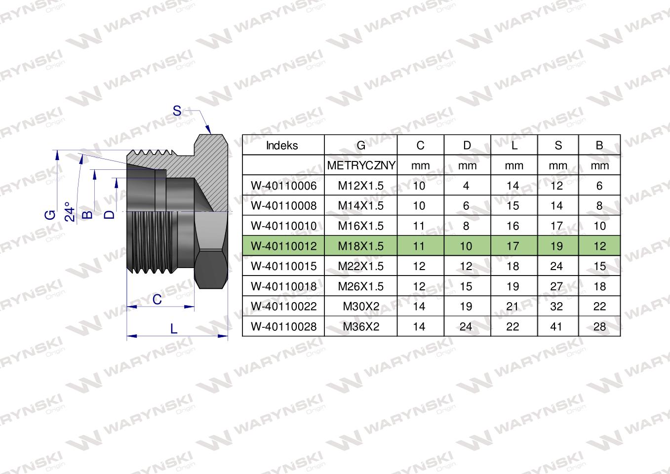 Korek hydrauliczny metryczny (na klucz) M18x1.5 12L Waryński ( sprzedawane po 10 )