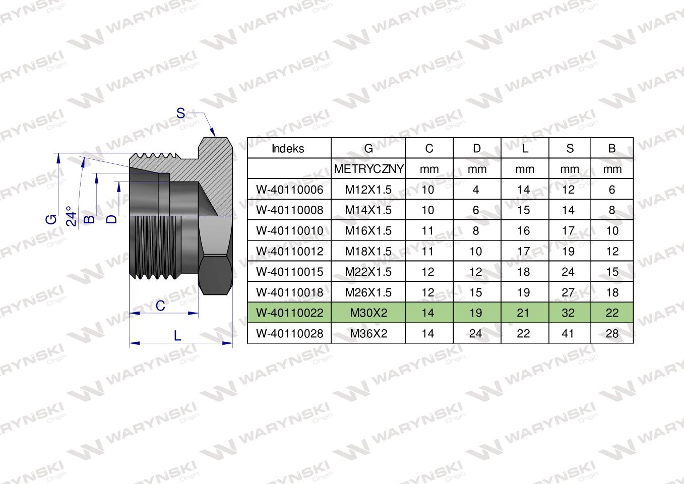 Korek hydrauliczny metryczny (na klucz) M30x2 22L Waryński ( sprzedawane po 2 )