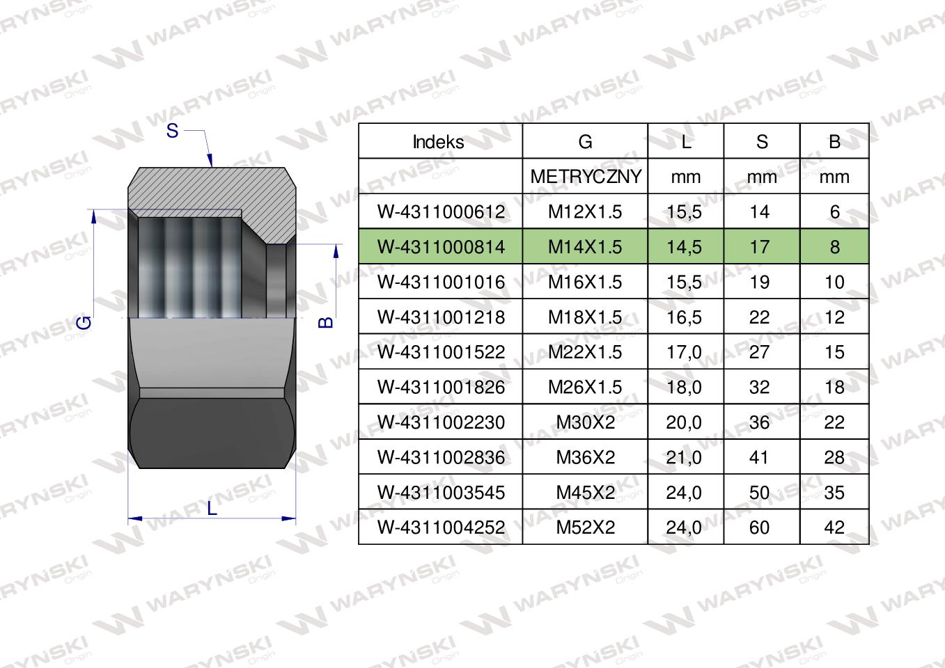 Nakrętka hydrauliczna metryczna (M08L) M14x1.5 08L Waryński ( sprzedawane po 20 )