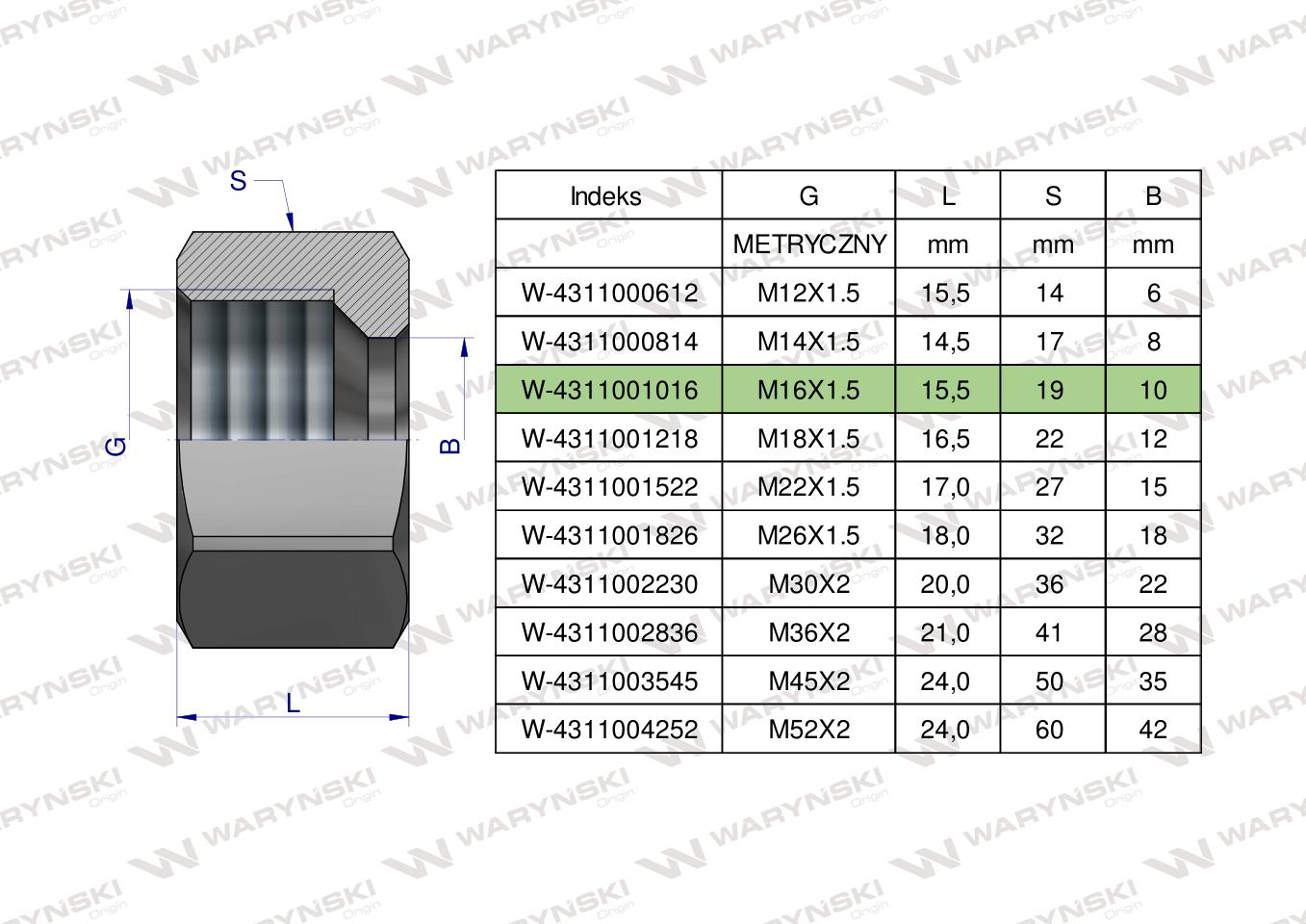 Nakrętka hydrauliczna metryczna (M10L) M16x1.5 10L Waryński ( sprzedawane po 20 )