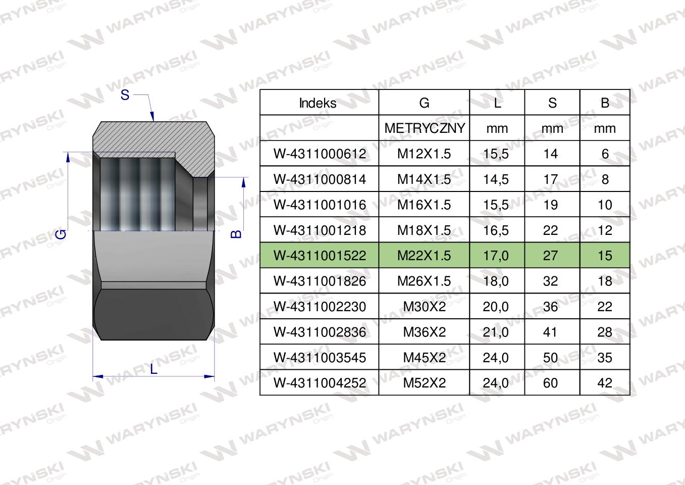 Nakrętka hydrauliczna metryczna (M15L) M22x1.5 15L Waryński ( sprzedawane po 20 )