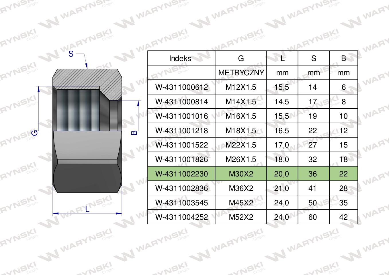 Nakrętka hydrauliczna metryczna (M22L) M30x2 22L Waryński ( sprzedawane po 5 )