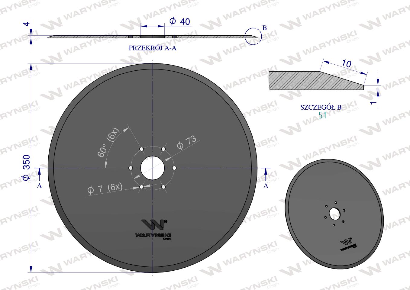 Krój talerzowy prosty 350mm, mocowanie 6 / 73mm grubość 4mm, zastosowanie Horsch 00310914, Waryński