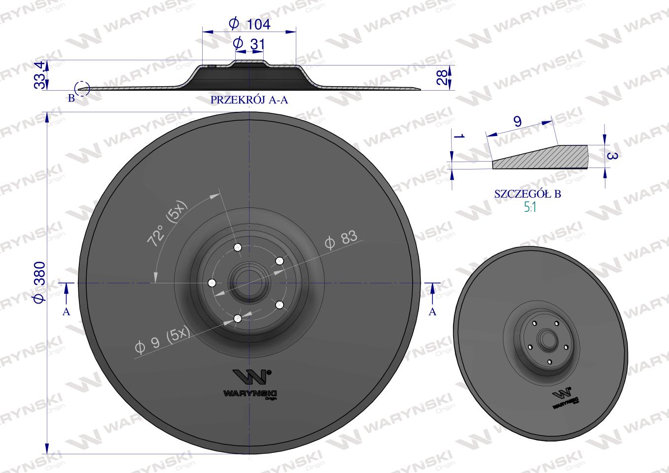 Krój talerzowy tłoczony 380mm, mocowanie 5 / 83mm grubość 3mm, zastosowanie Pottinger 8504330810, Waryński