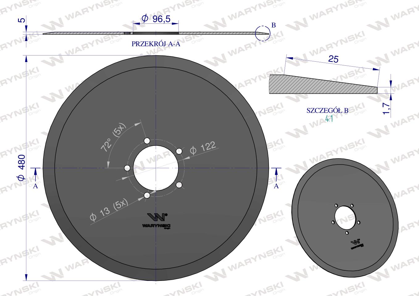 Krój talerzowy prosty 480mm, mocowanie 5 / 122mm grubość 5mm, zastosowanie Horsch 00311214, Waryński