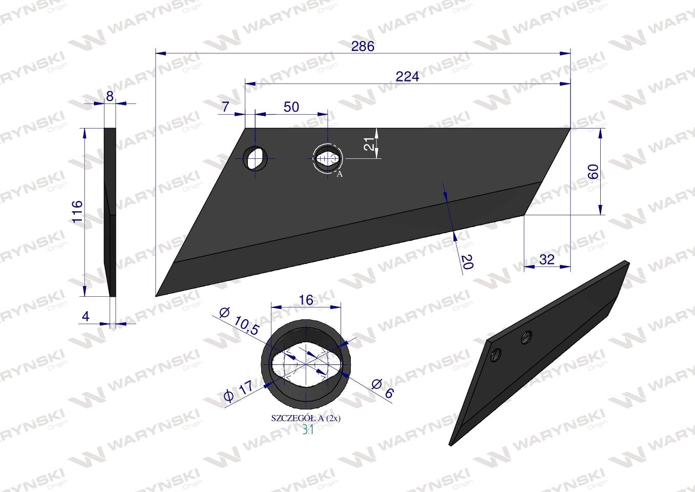Lemiesz agregatu podorywkowego lewy 260mm/2-otwory 925371 Gruber typ Brodnica RAU Uniwersalne WARYŃSKI