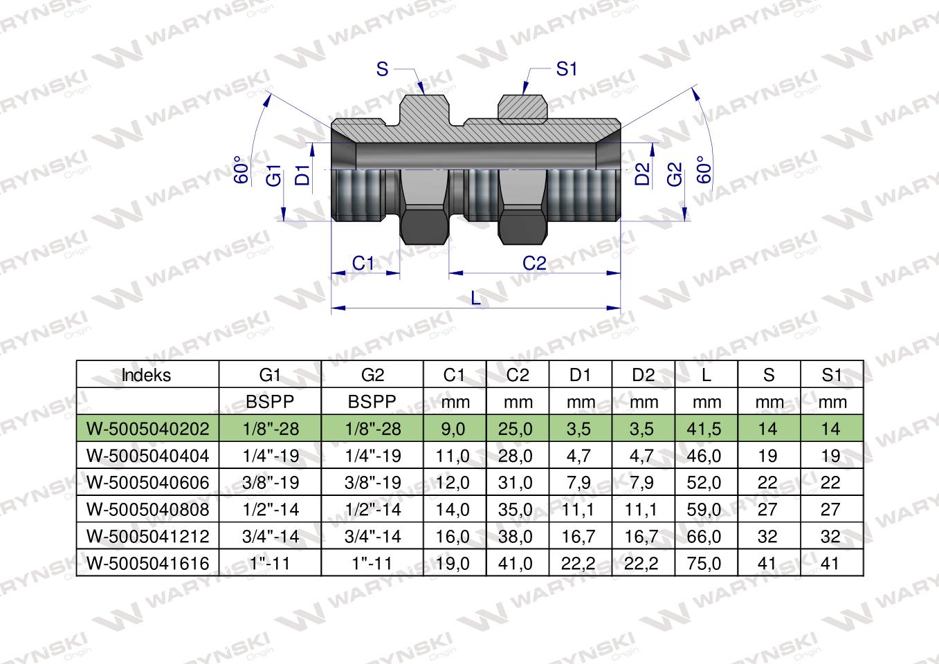 Złączka hydrauliczna calowa grodziowa BB 1/8" BSP z przeciwnakrętką (XSV) Waryński ( sprzedawane po 2 )