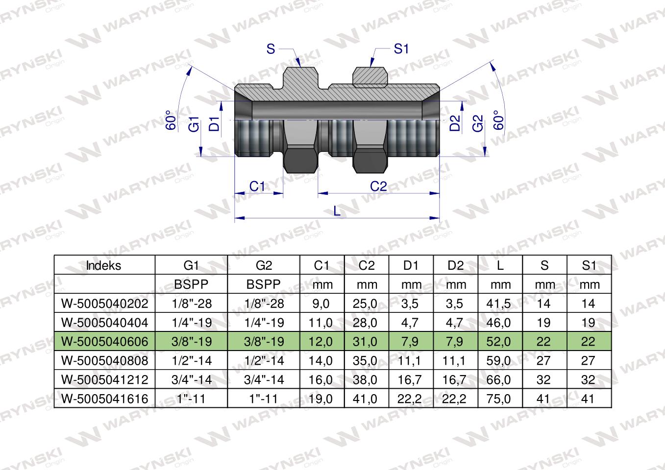 Złączka hydrauliczna calowa grodziowa BB 3/8" BSP z przeciwnakrętką (XSV) Waryński ( sprzedawane po 2 )