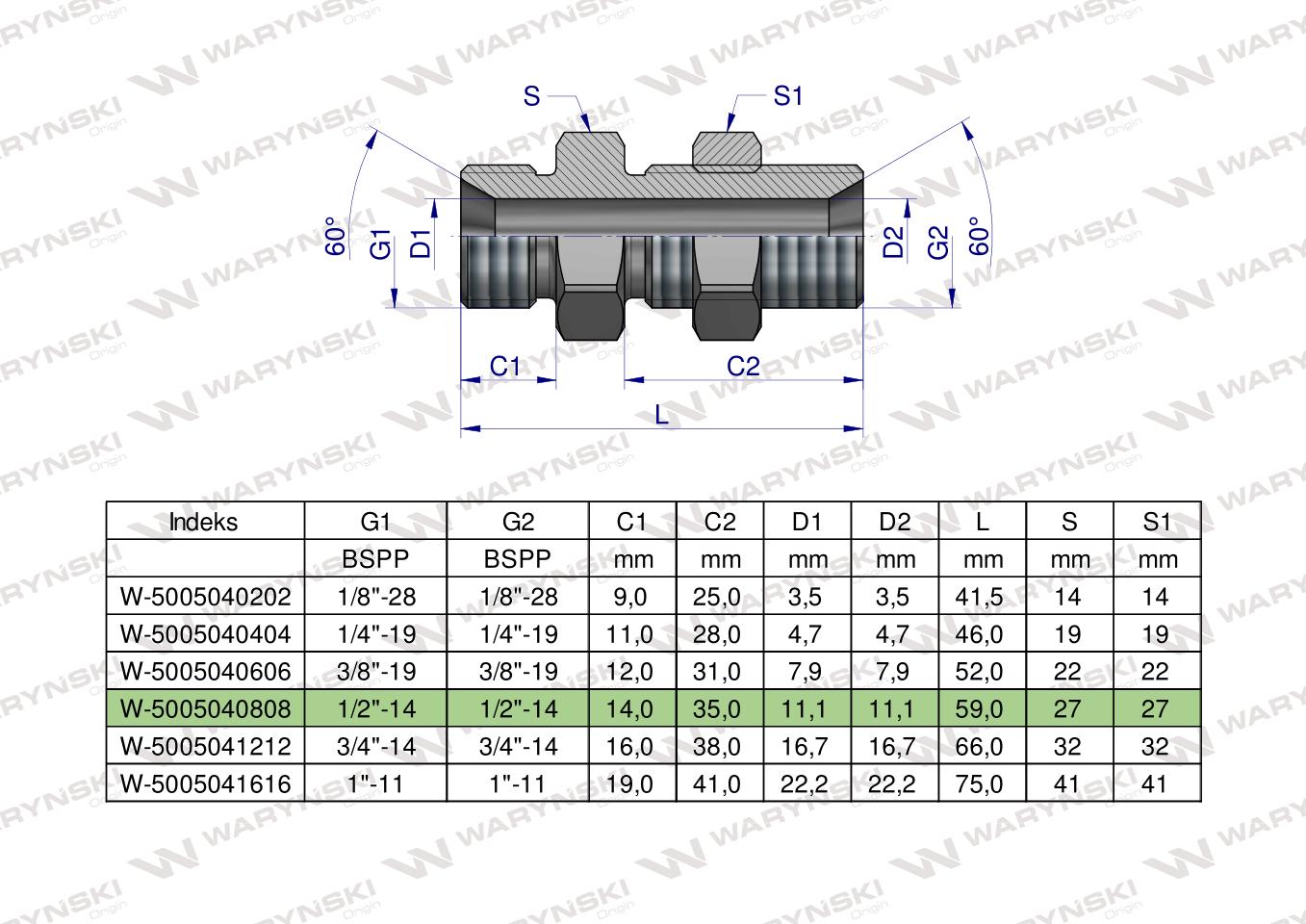 Złączka hydrauliczna calowa grodziowa BB 1/2" BSP z przeciwnakrętką (XSV) Waryński ( sprzedawane po 2 )