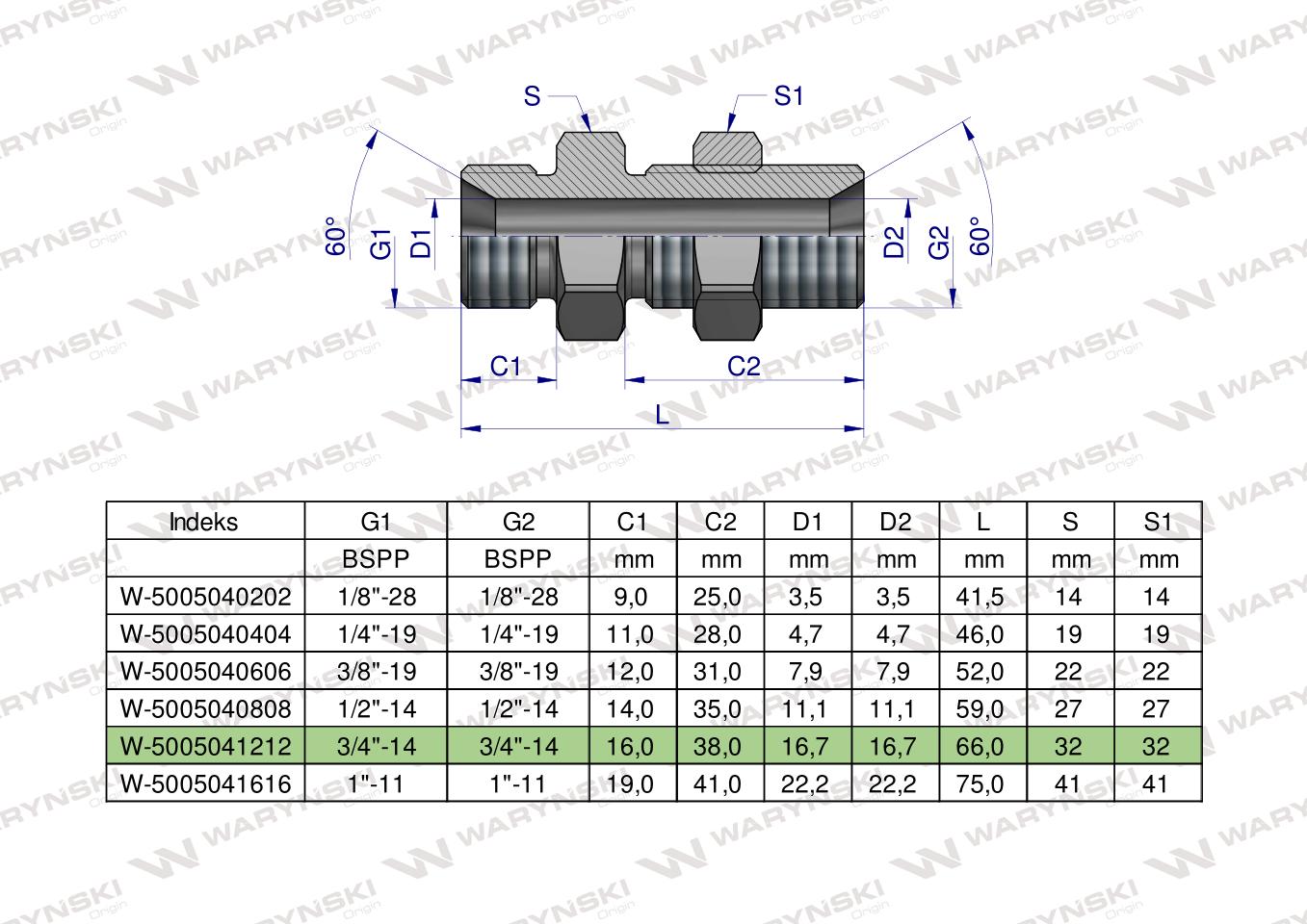 Złączka hydrauliczna calowa grodziowa BB 3/4" BSP z przeciwnakrętką (XSV) Waryński