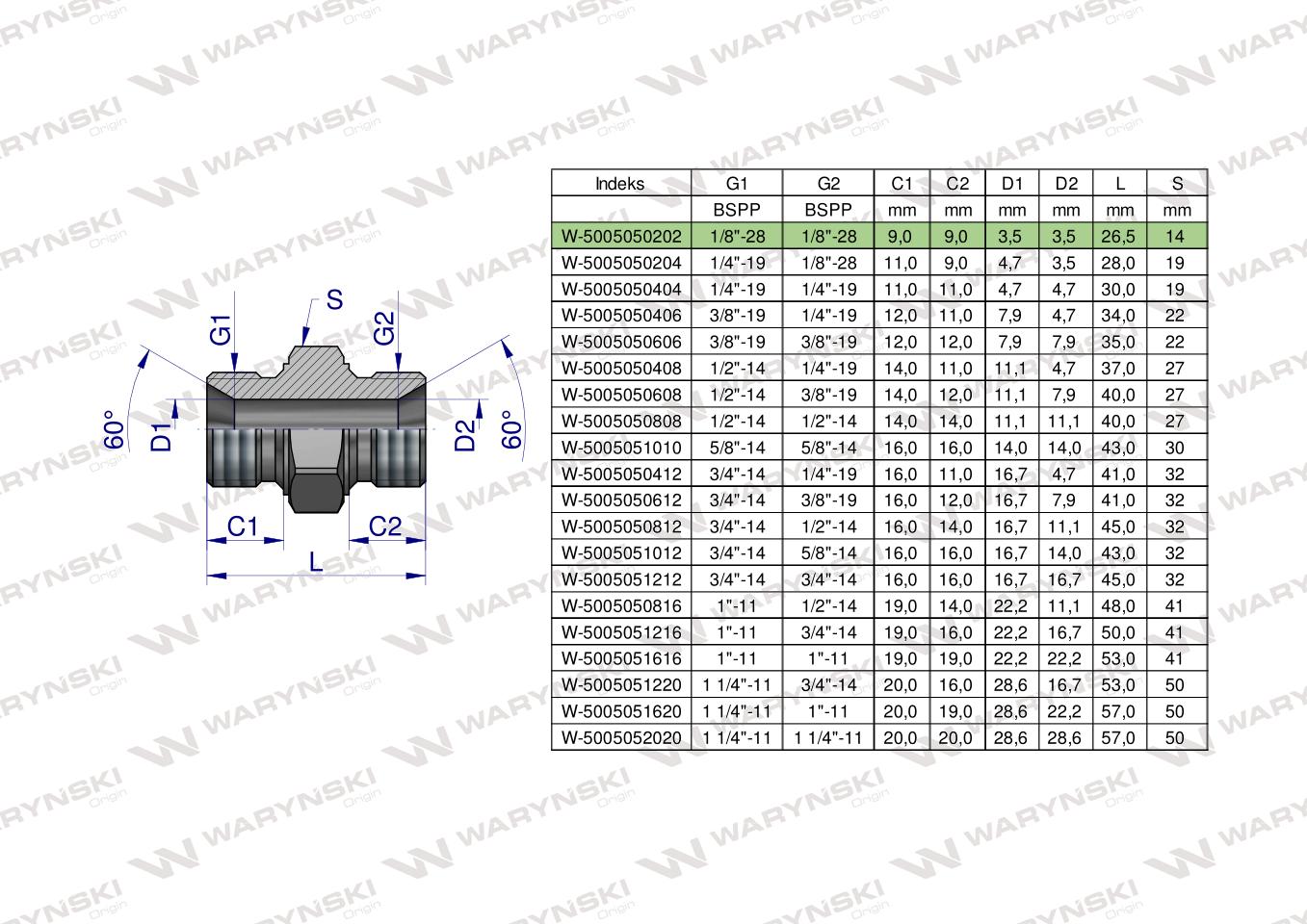 Złączka hydrauliczna calowa BB 1/8" BSP Waryński ( sprzedawane po 10 )