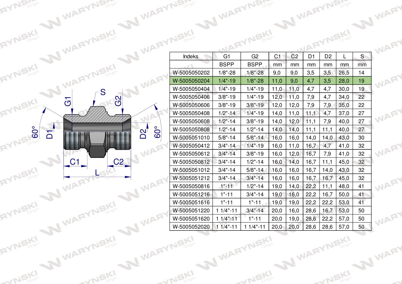 Złączka hydrauliczna redukcyjna calowa BB 1/8" x 1/4" BSP Waryński ( sprzedawane po 10 )