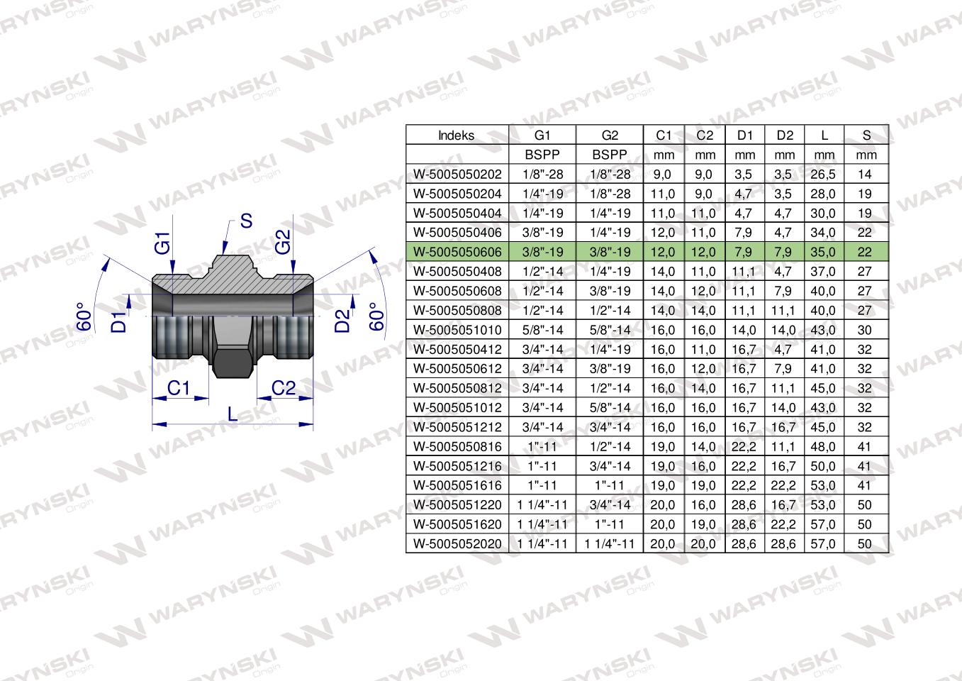 Złączka hydrauliczna calowa BB 3/8" BSP Waryński ( sprzedawane po 10 )