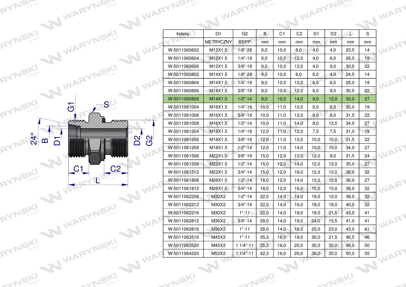 Przyłączka hydrauliczna BB (XGE) M14x1.5 08L x 1/2" BSP ED Waryński ( sprzedawane po 5 )