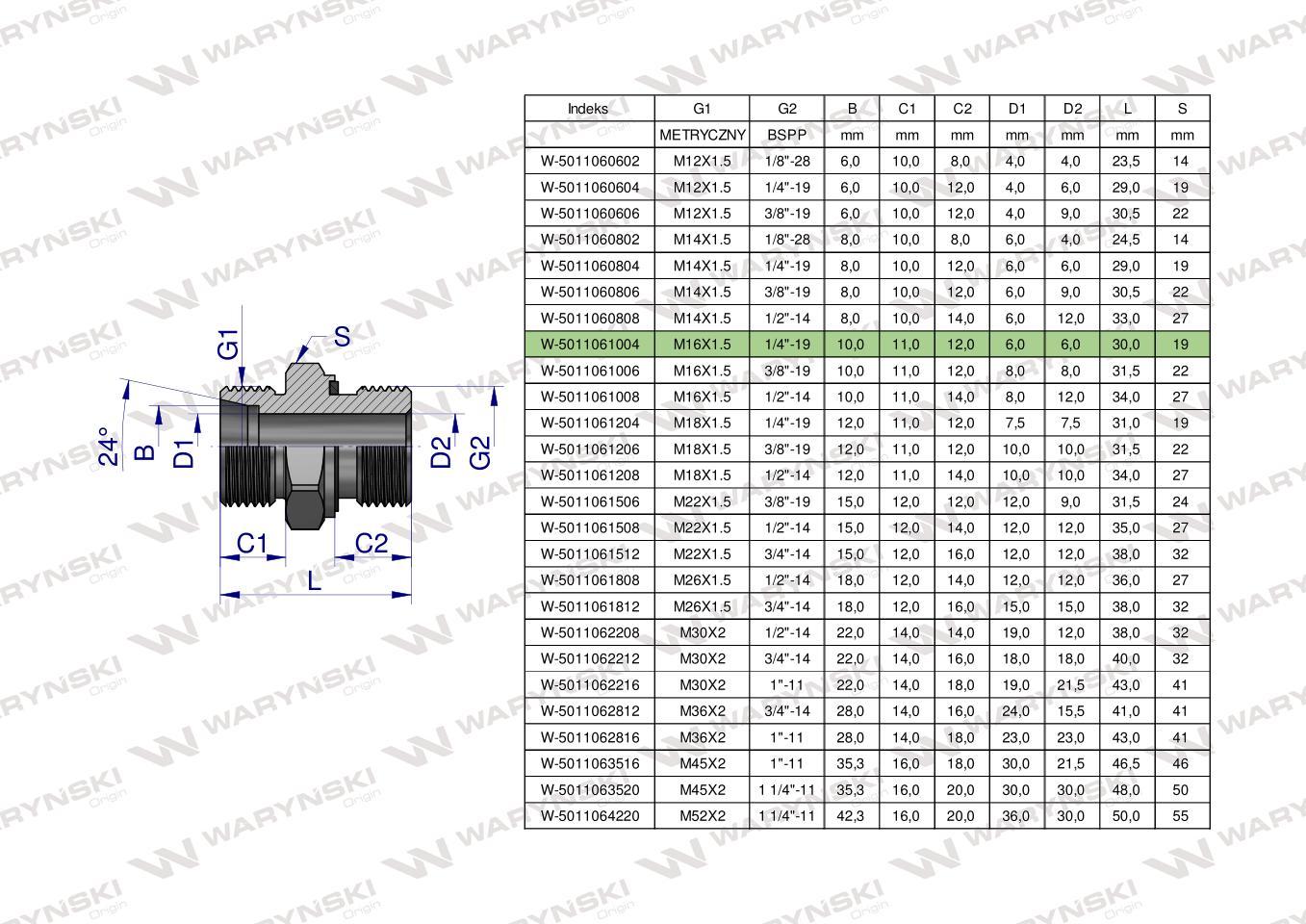 Przyłączka hydrauliczna BB (XGE) M16x1.5 10L x 1/4" BSP ED Waryński ( sprzedawane po 5 )