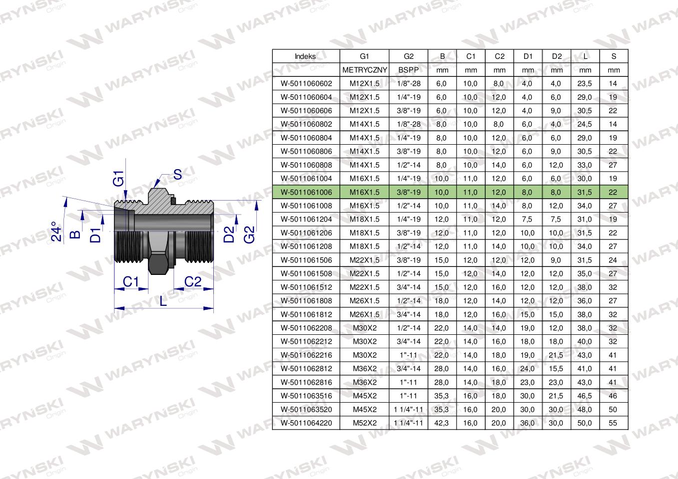 Przyłączka hydrauliczna BB (XGE) M16x1.5 10L x 3/8" BSP ED Waryński ( sprzedawane po 10 )