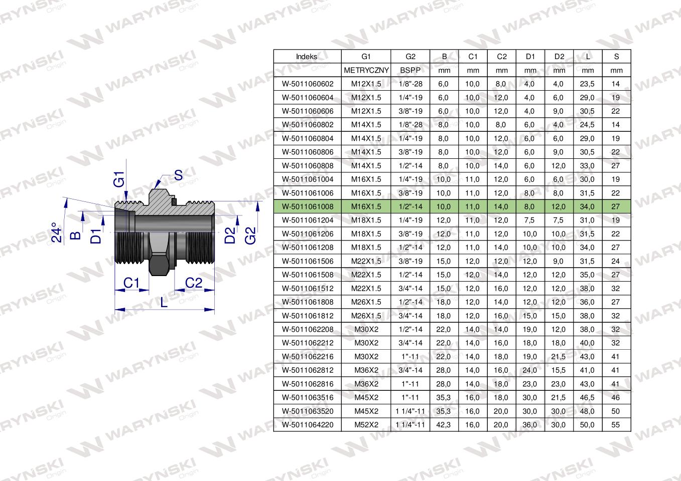 Przyłączka hydrauliczna BB (XGE) M16x1.5 10L x 1/2" BSP ED Waryński ( sprzedawane po 10 )