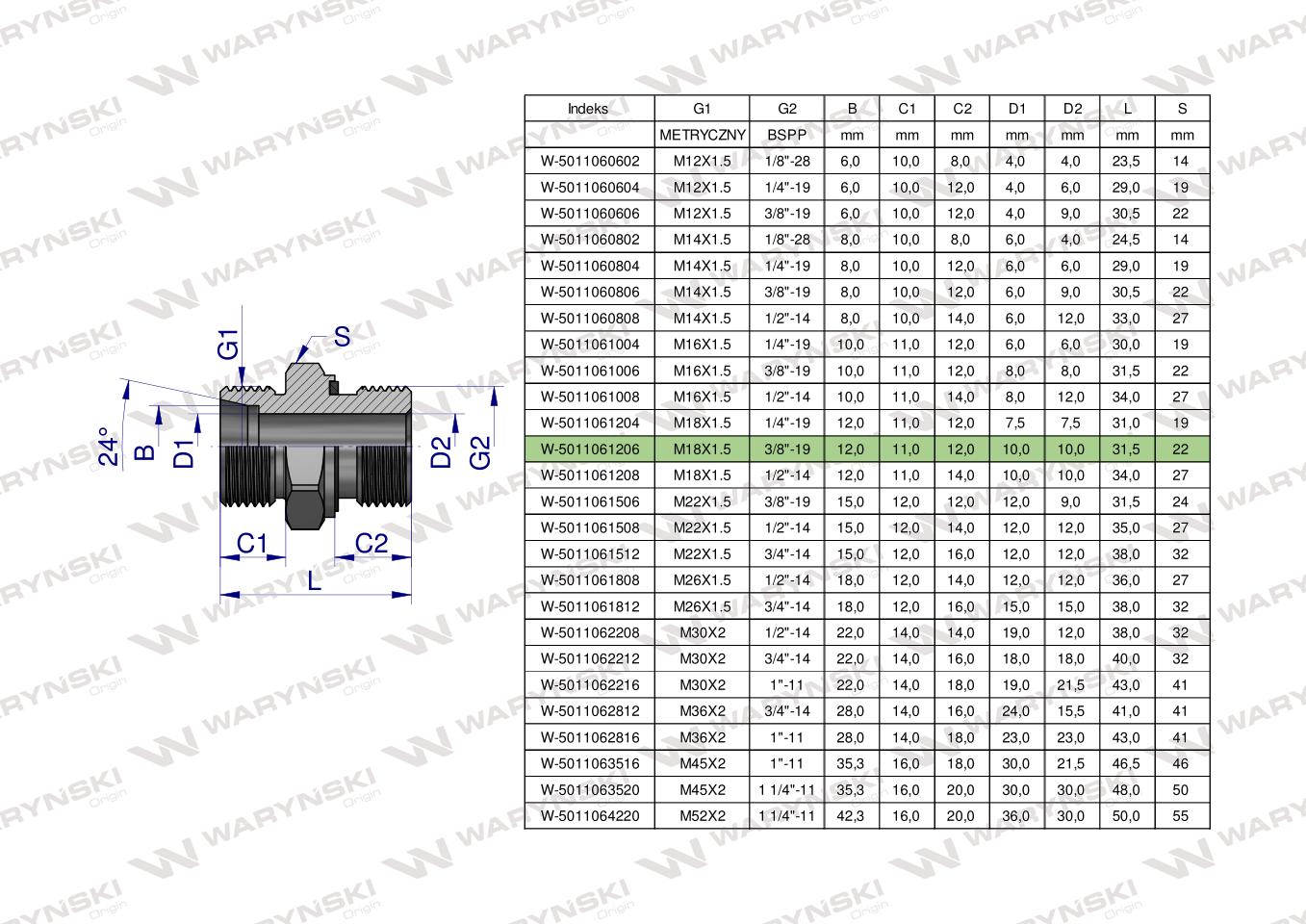 Przyłączka hydrauliczna BB (XGE) M18x1.5 12L x 3/8" BSP ED Waryński ( sprzedawane po 50 )