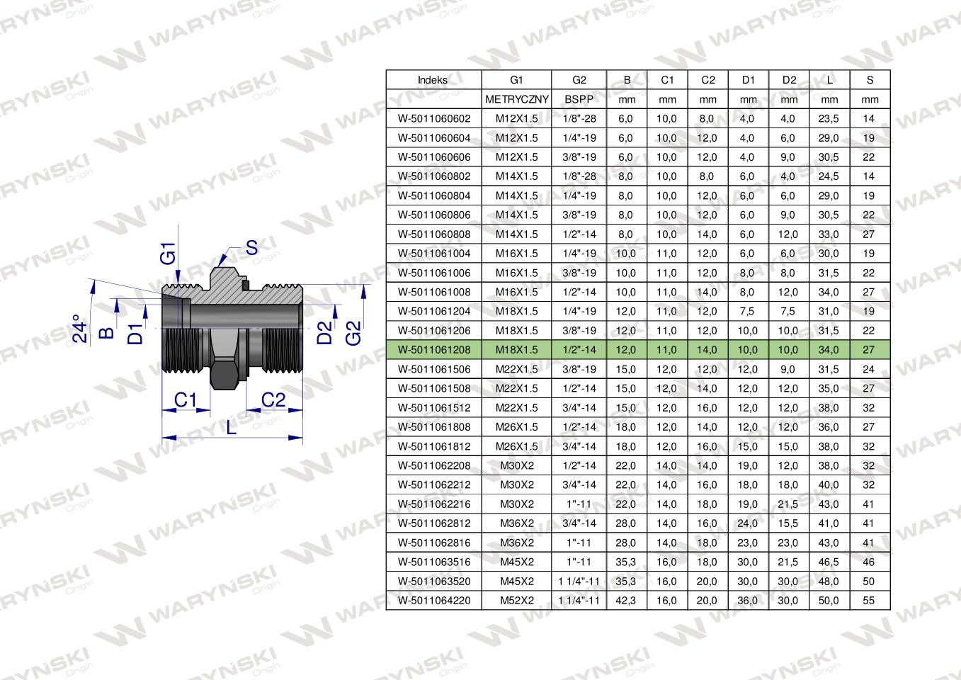 Przyłączka hydrauliczna BB (XGE) M18x1.5 12L x 1/2" BSP ED Waryński ( sprzedawane po 10 )