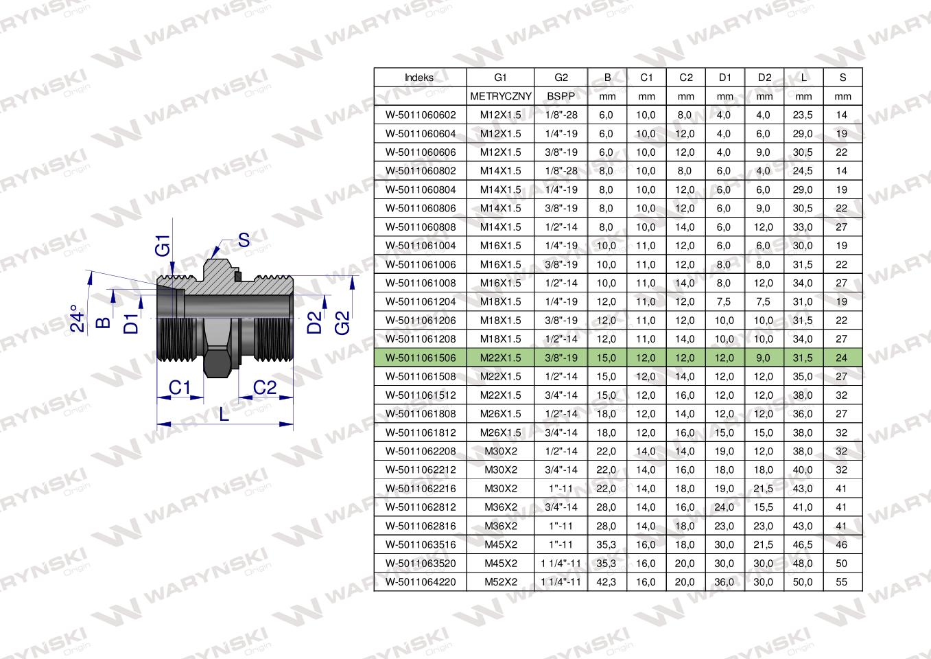 Przyłączka hydrauliczna BB (XGE) M22x1.5 15L x 3/8" BSP ED Waryński ( sprzedawane po 50 )