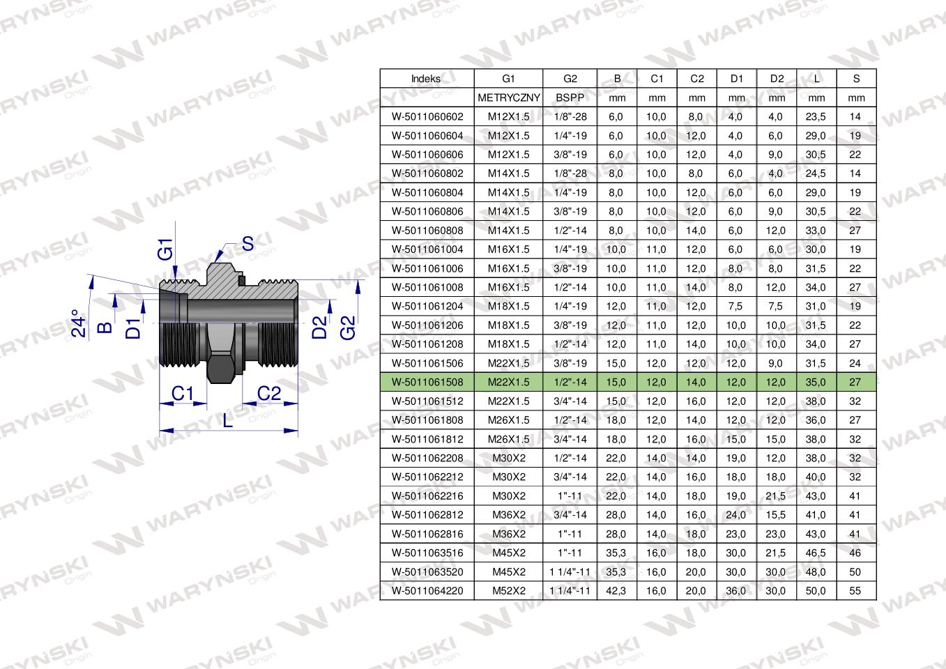 Przyłączka hydrauliczna BB (XGE) M22x1.5 15L x 1/2" BSP ED Waryński ( sprzedawane po 50 )