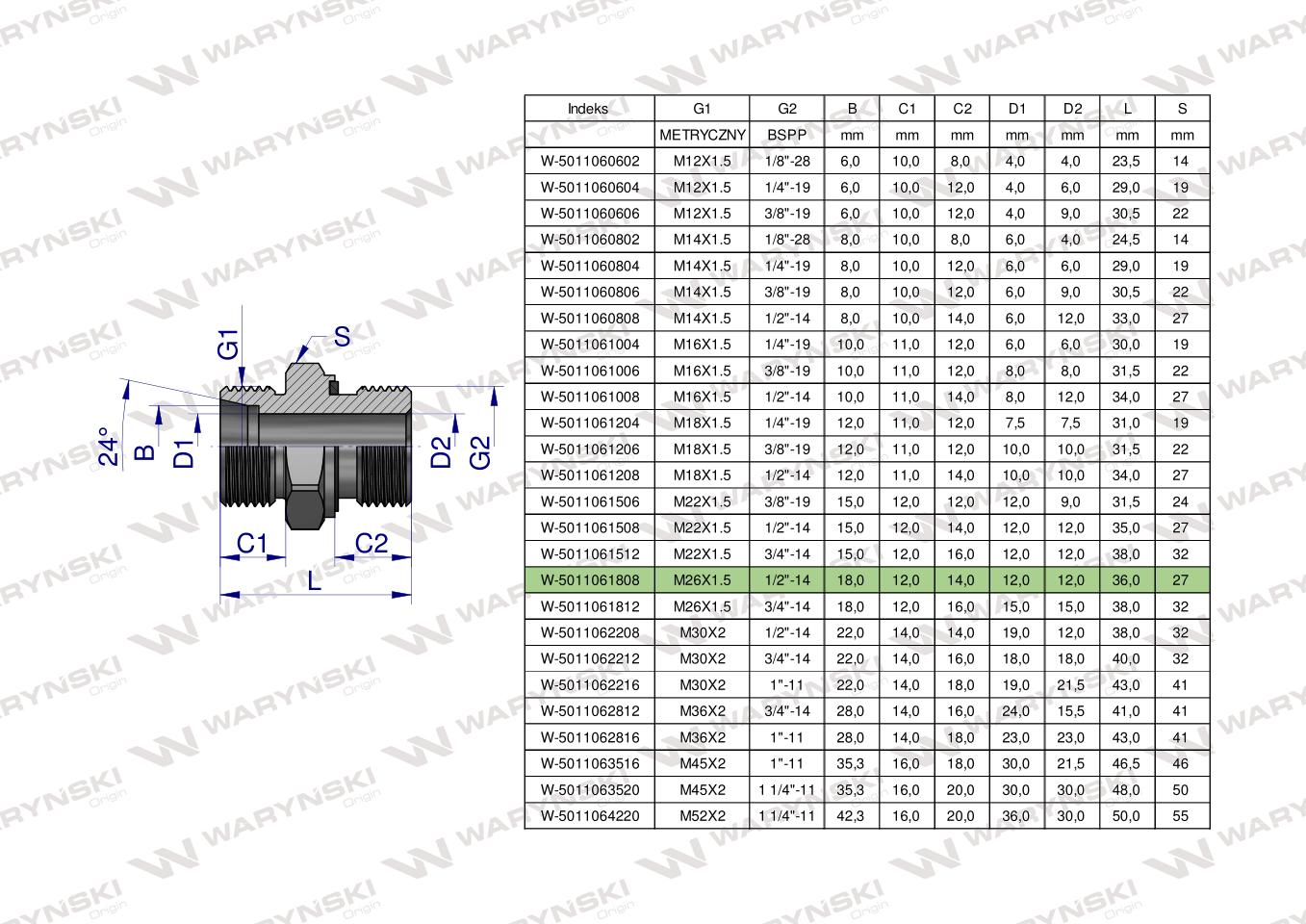 Przyłączka hydrauliczna BB (XGE) M26x1.5 18L x 1/2" BSP ED Waryński ( sprzedawane po 2 )