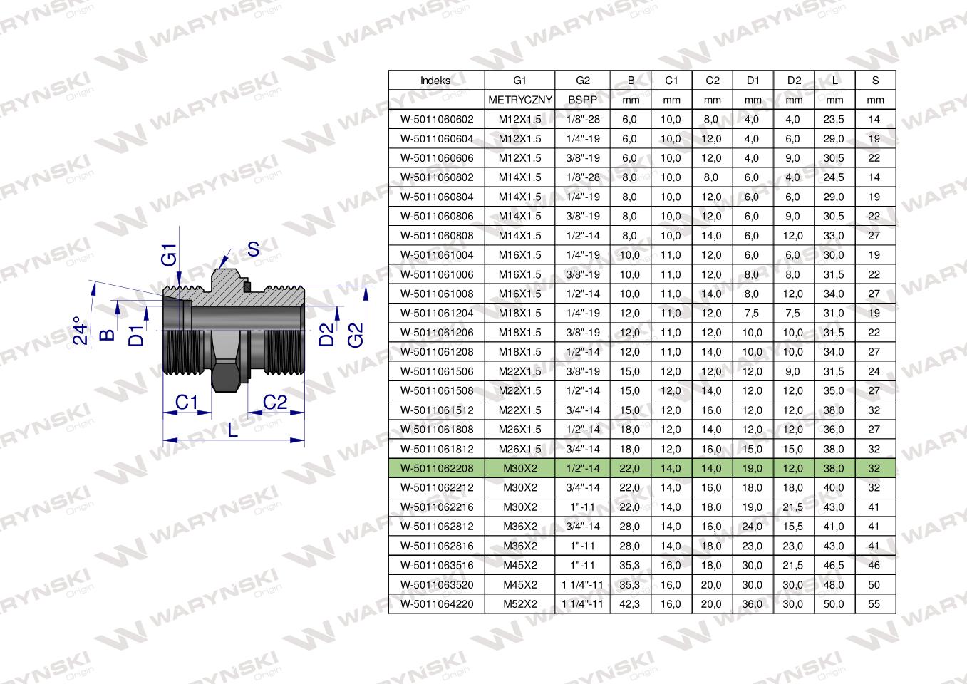Przyłączka hydrauliczna BB (XGE) M30x2 22L x 1/2" BSP ED Waryński ( sprzedawane po 2 )