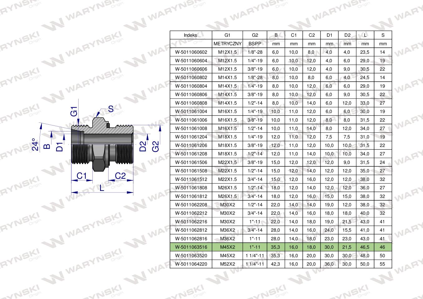 Przyłączka hydrauliczna BB (XGE) M45x2 35L3 35L x 1" BSP ED Waryński