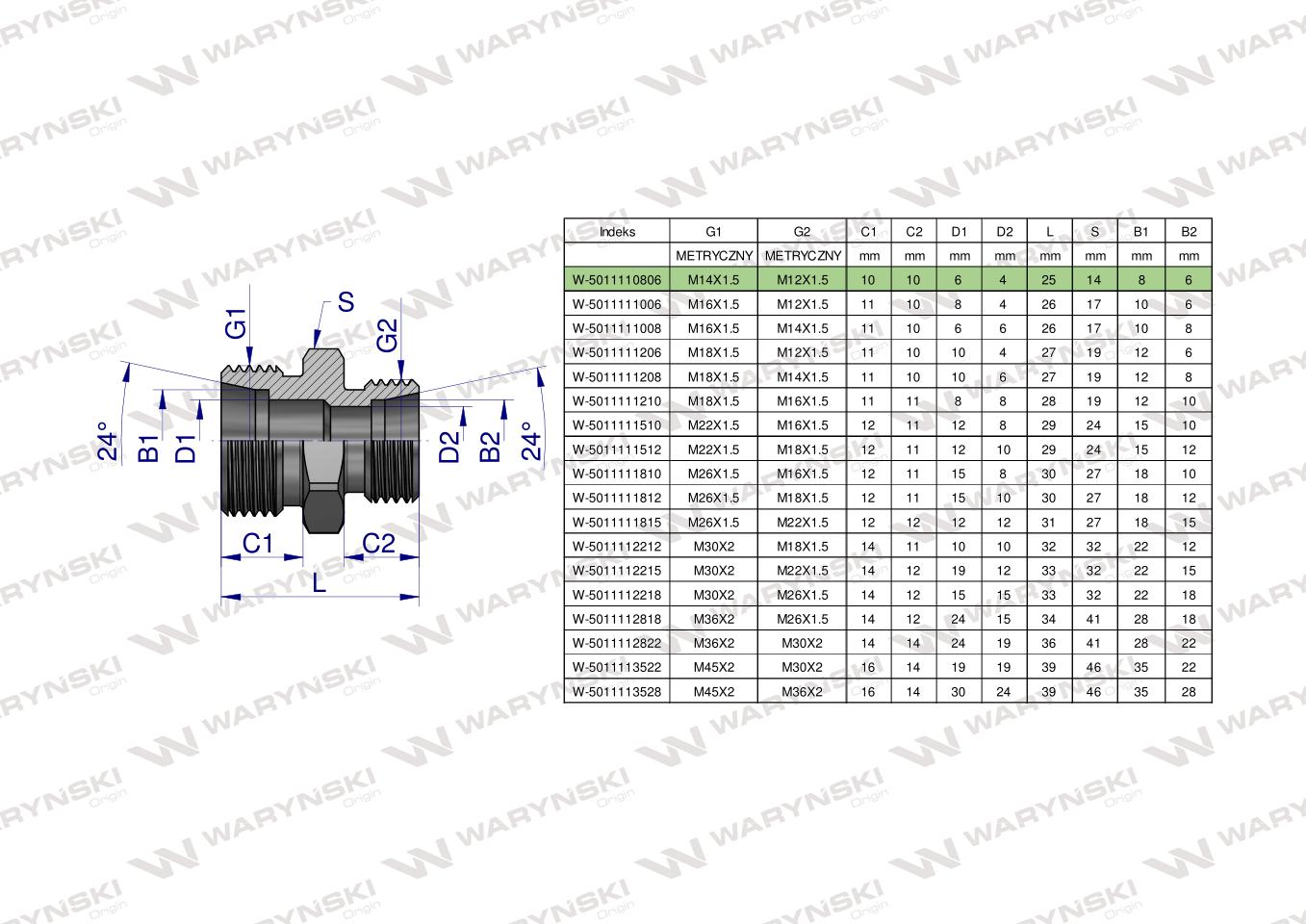 Złączka hydrauliczna redukcyjna metryczna BB M14x1.5 08L / M12x1.5 06L (XG) Waryński ( sprzedawane po 5 )