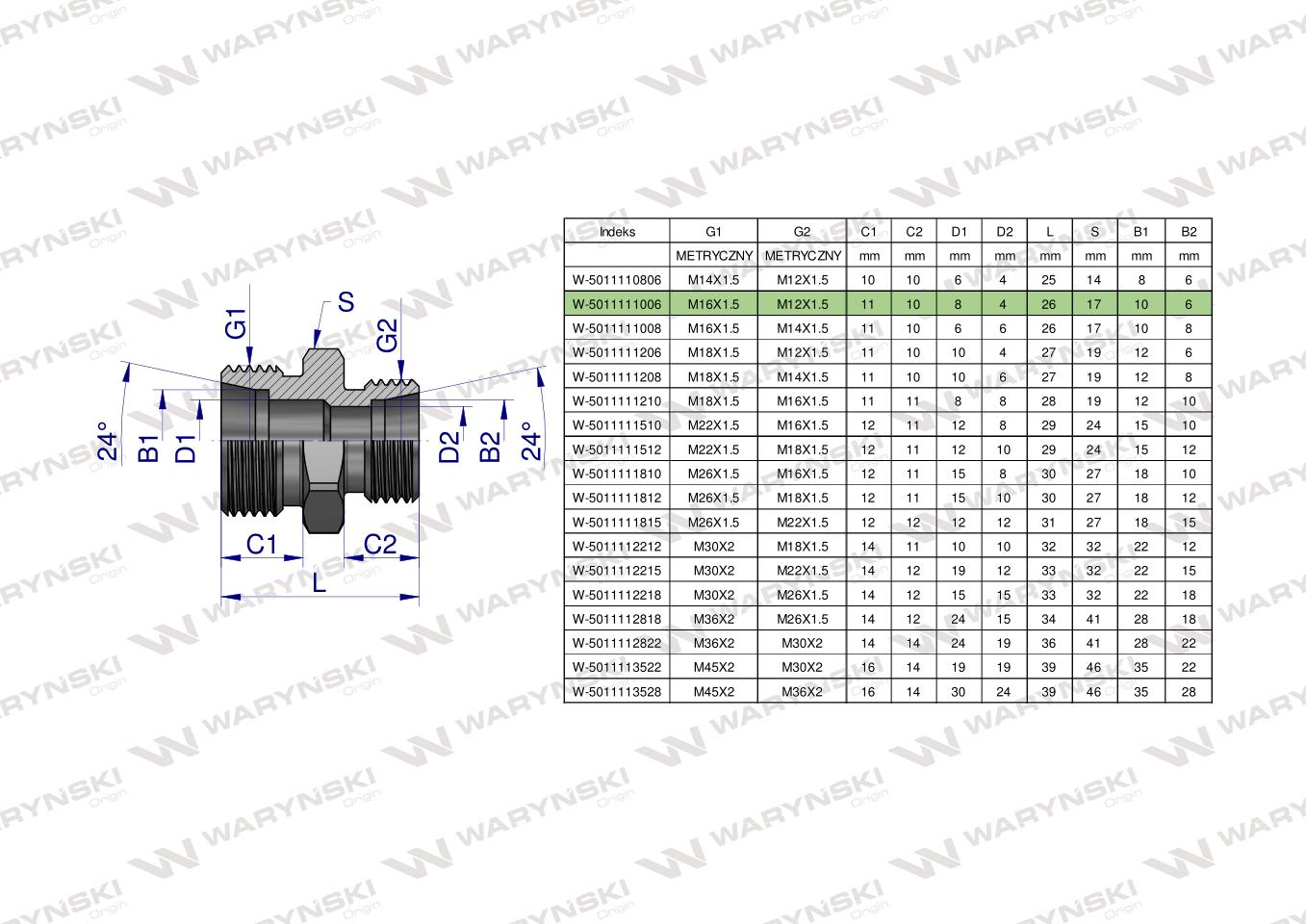 Złączka hydrauliczna redukcyjna metryczna BB M16x1.5 10L / M12x1.5 06L (XG) Waryński ( sprzedawane po 5 )